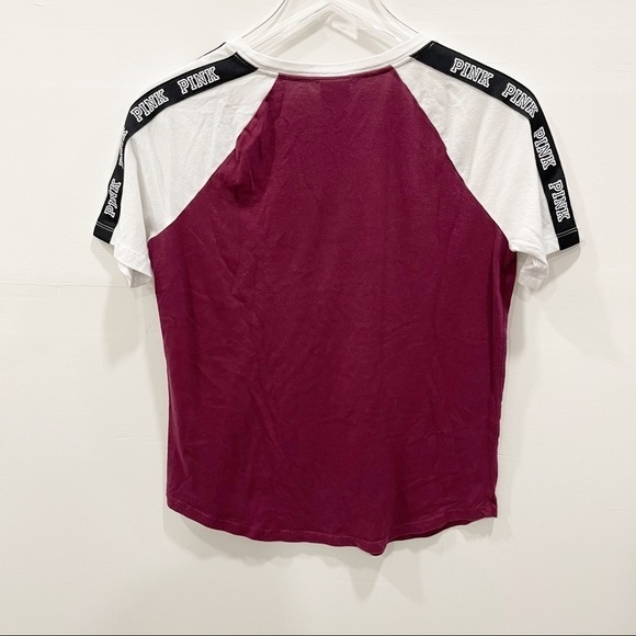 Pink VS Burgundy Short Sleeve Spellout Trim Crew Neck Size Small Casual - Picture 2 of 7